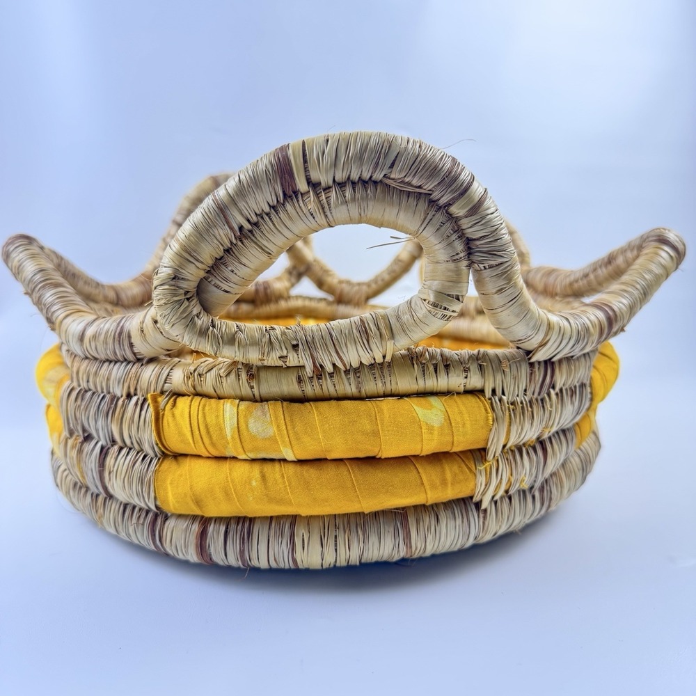 Hand Woven Weaved Basket sweet grass & material 9" Circular Entry Way Yellow